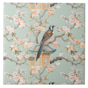 Azulejo Cerâmico Chinoiserie Pássaro & Flor de Cer