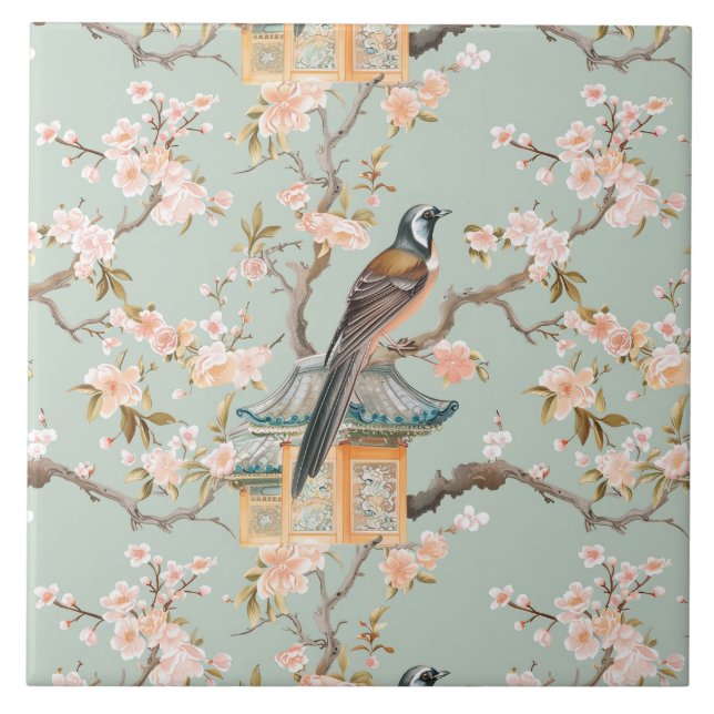 Azulejo Cerâmico Chinoiserie Pássaro & Flor de Cer (Frente)