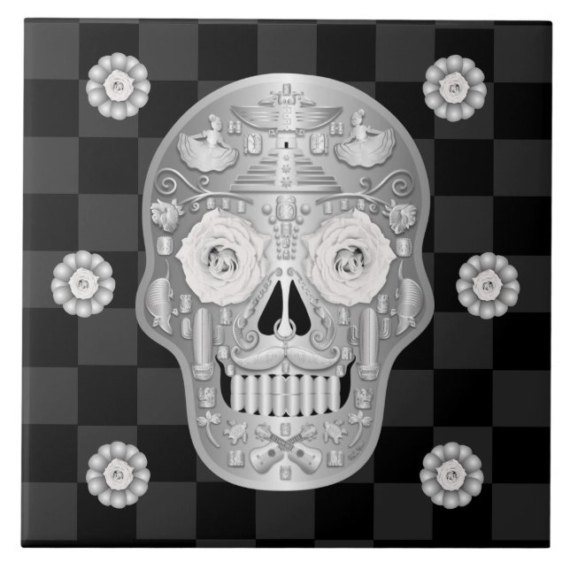 Azulejo cerâmico Chrome Calavera (Rosa Branca) (Frente)