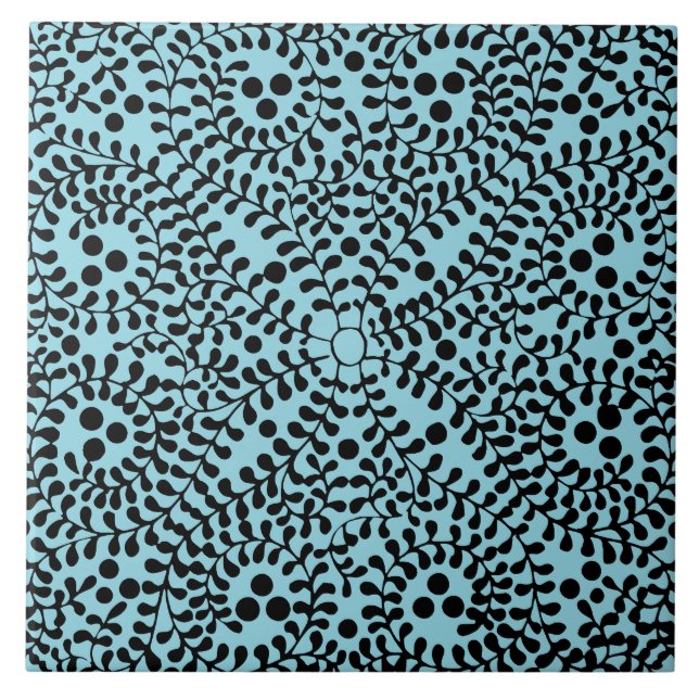 Azulejo Cerâmico com Desenho Geométrico Azul e Pre (Frente)