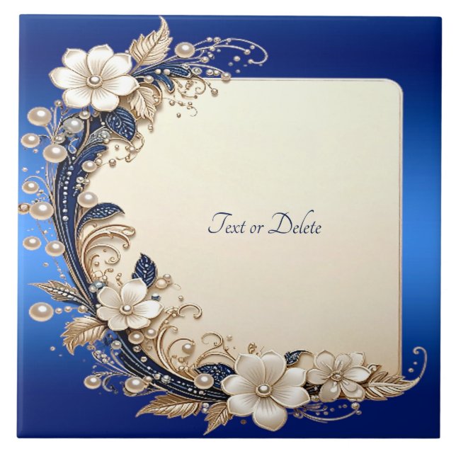 Azulejo Cerâmico com Enfeite Floral Branco Azul (Frente)