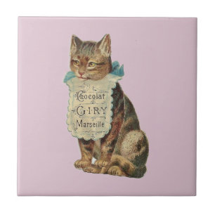 AZULEJO CERÂMICO COM GATO "CHOCOLAT" DE VINTAGEM