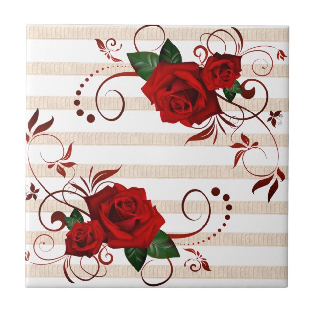 Azulejo Cerâmico com Listra Bege Flor de Rosa Verm (Frente)