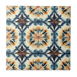Azulejo Cerâmico com Padrão Azul Dourado Laranja e