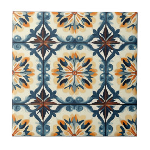 Azulejo Cerâmico com Padrão Azul Dourado Laranja e