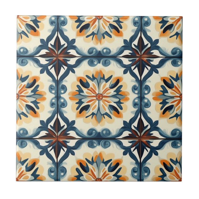 Azulejo Cerâmico com Padrão Azul Dourado Laranja e (Frente)