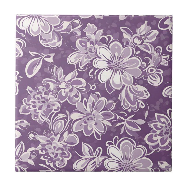 Azulejo cerâmico com padrão floral roxo (Frente)
