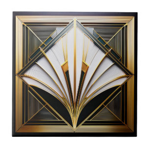 Azulejo cerâmico de arte preto, branco e Dourado.