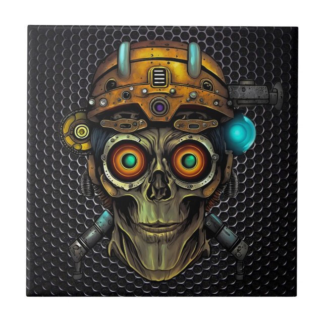 Azulejo Cerâmico de Caveira Cyborg Steampunk (Frente)