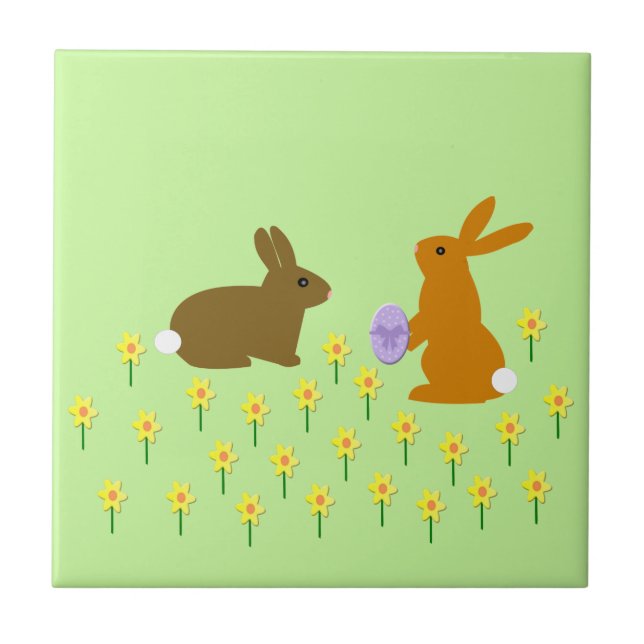 Azulejo cerâmico de coelhos de Páscoa e Daffodils (Frente)