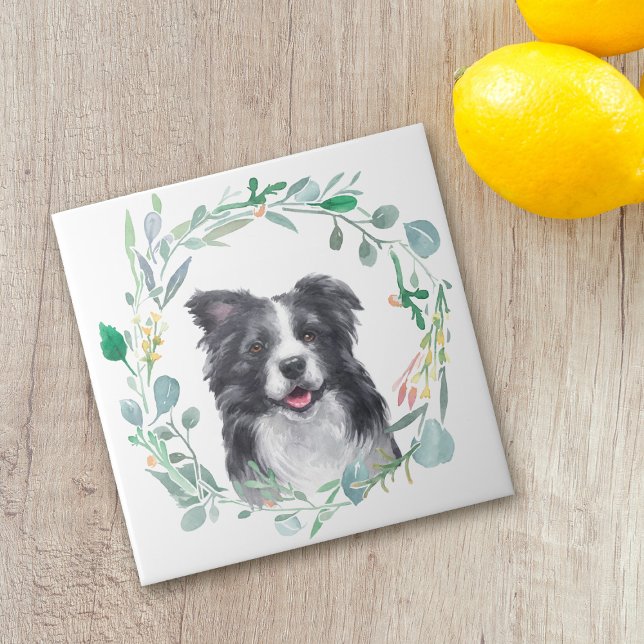 Azulejo cerâmico de Collie Dog Watercolor Wreath (Criador carregado)