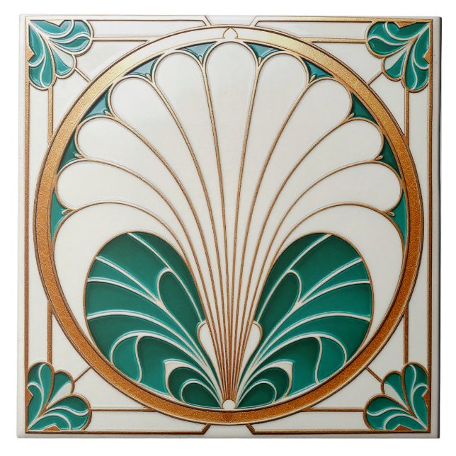 Azulejo cerâmico de Creme e Arte Verde (Frente)