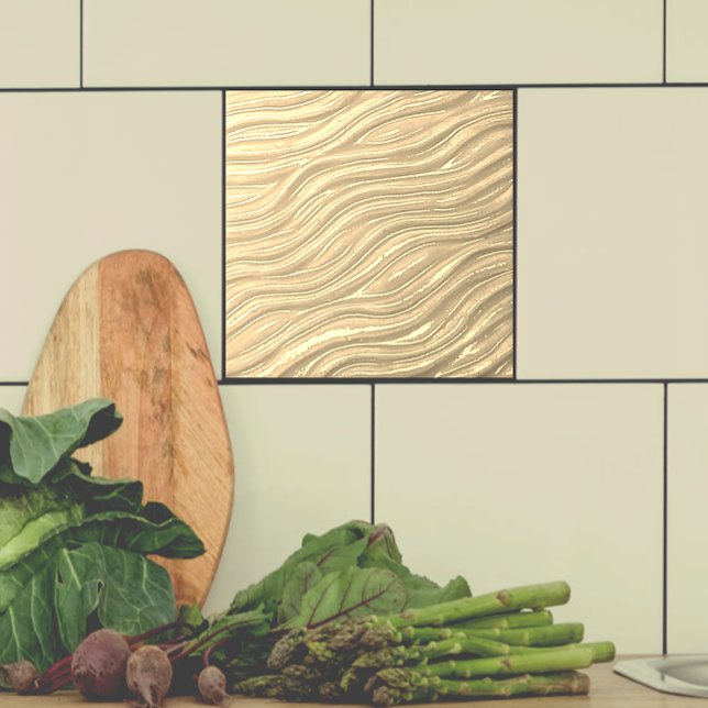 Azulejo cerâmico de decoração (Ocher water look tile shown  with taupe tile on a backsplash.)