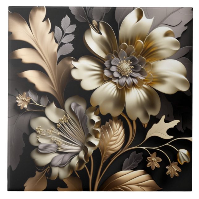 Azulejo cerâmico de flores de prata dourada modern (Frente)