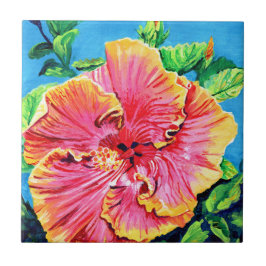 Azulejo cerâmico de Hibiscus, rosa e amarelo, do H
