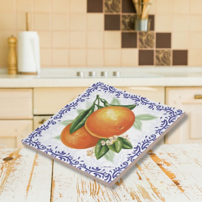 Azulejo cerâmico de Laranjas de Toile (Shower Favor - French Country Oranges with Blue Toile Ceramic Artisan Tile)