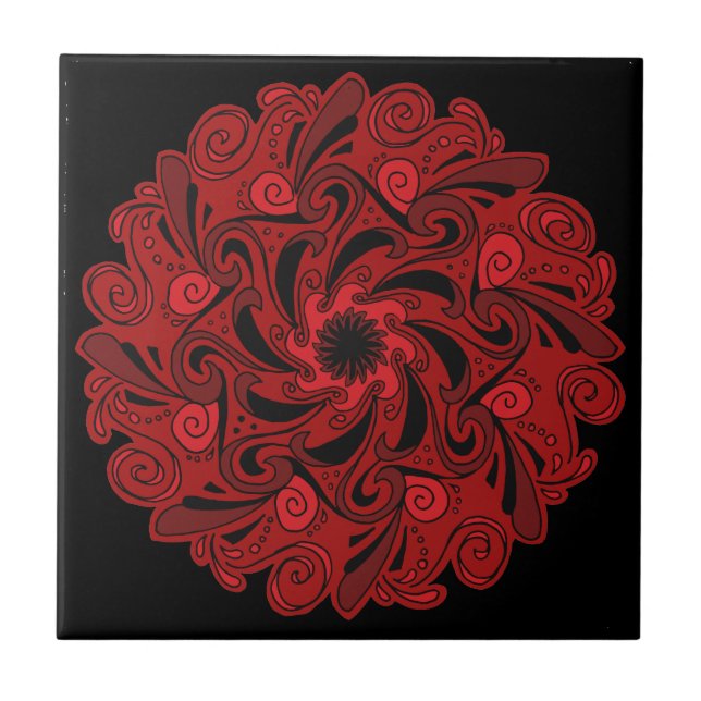 Azulejo cerâmico de Mandala Vermelho e Preto (Frente)