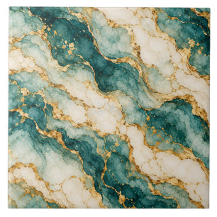 Azulejo Cerâmico de Mármore de Ágata Teal e Dourad