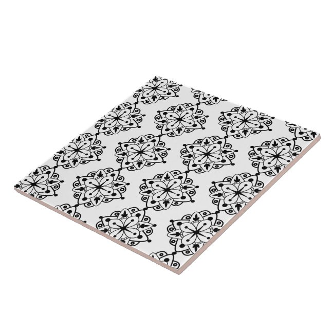 Azulejo Cerâmico de Mármore Mandala Preto Branco M (Lateral)