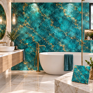 Azulejo Cerâmico de Mármore Turquesa Luxo Dourado