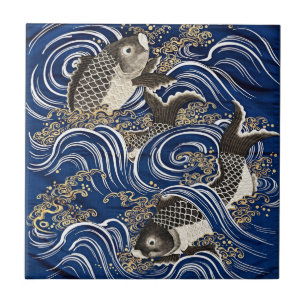 Azulejo Cerâmico de Ondas de Carpas Koi Japonesas