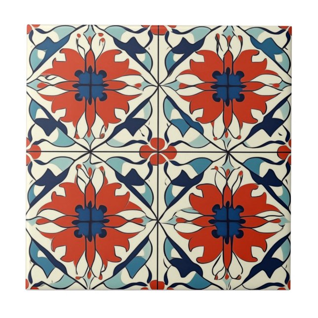 Azulejo Cerâmico de Padrão Vermelho Azul e Branco  (Frente)