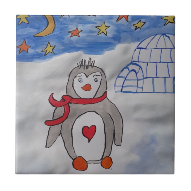 Azulejo Cerâmico de Pinguim-Neve Inverno (Frente)