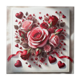Azulejo Cerâmico de Rosa Rosa Floral e Corações Ve