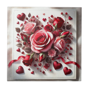 Azulejo Cerâmico de Rosa Rosa Floral e Corações Ve