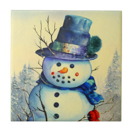 Azulejo Cerâmico de Watercolor Snowman