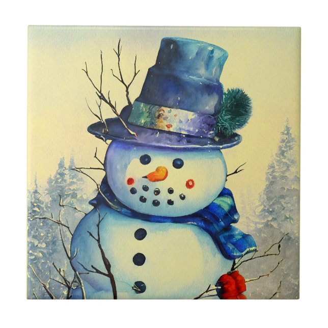 Azulejo Cerâmico de Watercolor Snowman (Frente)