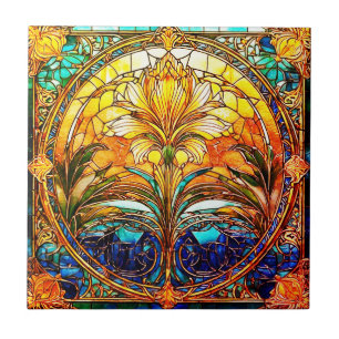 Azulejo cerâmico Deco Nouveau de Arte Dourada e Az