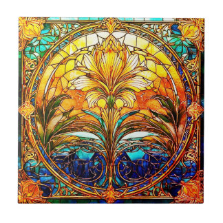Azulejo cerâmico Deco Nouveau de Arte Dourada e Az