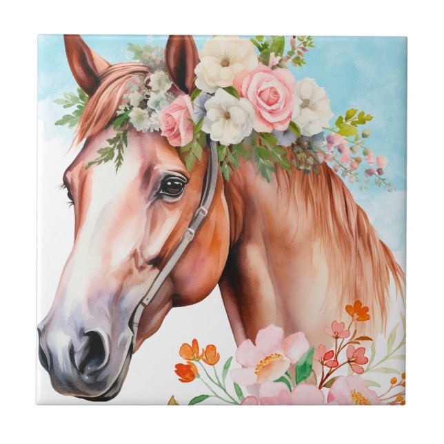 Azulejo Cerâmico Decorativo de Cavalo com Flores e (Frente)