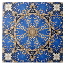 Azulejo Cerâmico Decorativo Dourado Azul