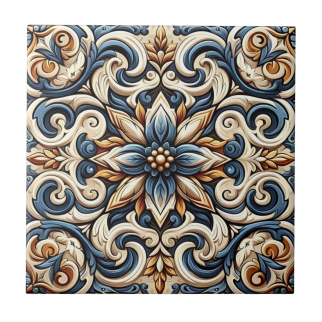 Azulejo cerâmico - Design azul, Dourado e branco (Frente)