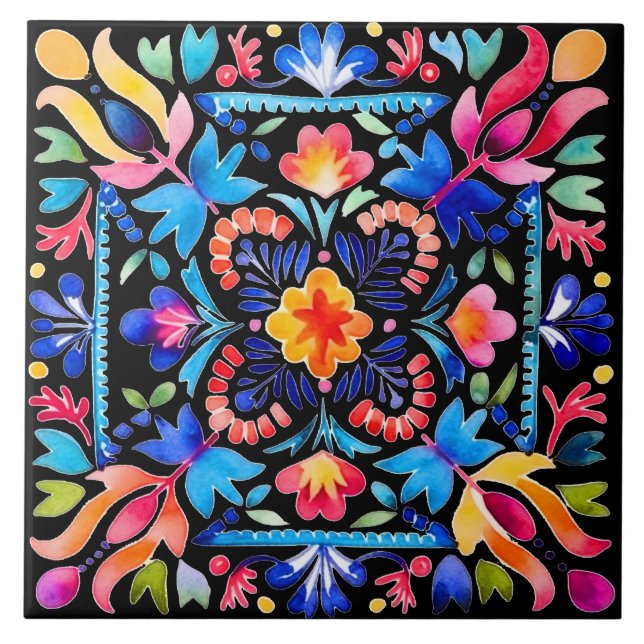 Azulejo cerâmico Design de Flor mexicano brilhante (Frente)