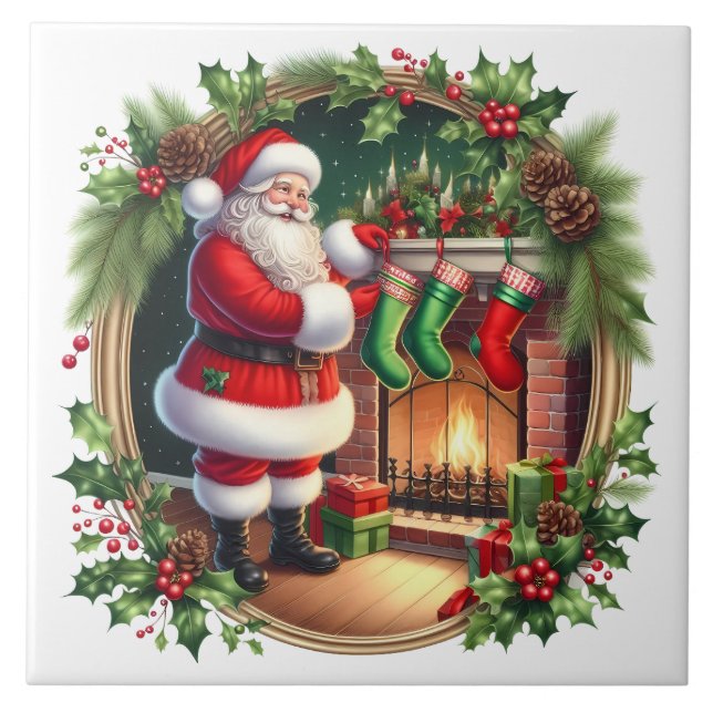 Azulejo Cerâmico do Papai Noel de Feriado (Frente)