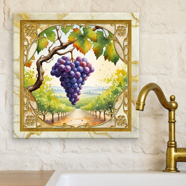 Azulejo Cerâmico Dourado de Videira de Uvas (Tile featuring a watercolor painting of grapes in a vineyard framed by classic gold and marble)