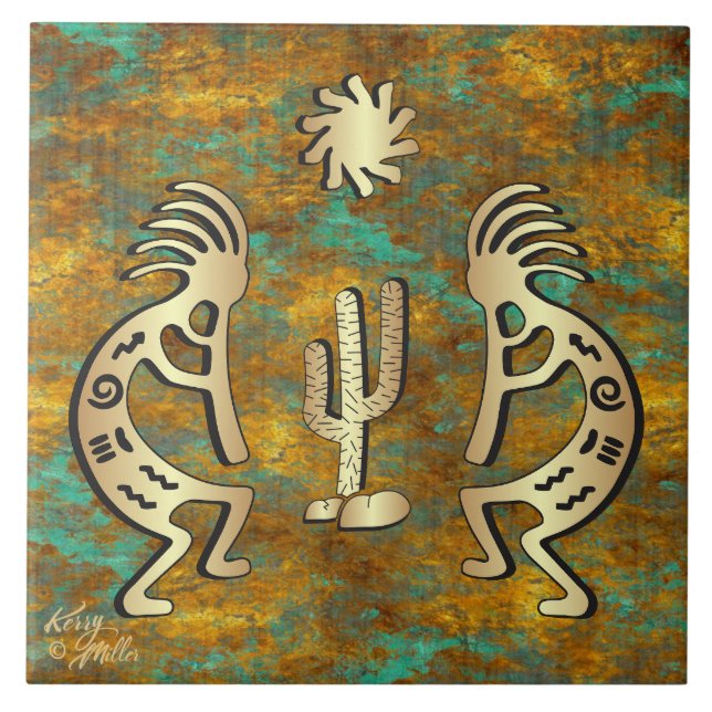 Azulejo Cerâmico Dourado Sudoeste de Kokopelli (Frente)