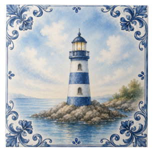 Azulejo Cerâmico Farol Náutico Aquarela