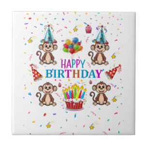 Azulejo Cerâmico Feliz Aniversário Monkey Cupcake