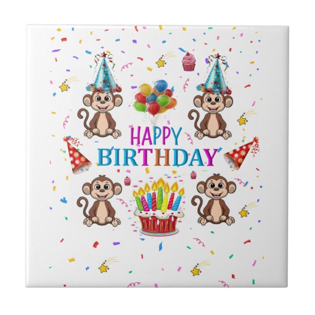 Azulejo Cerâmico Feliz Aniversário Monkey Cupcake (Frente)