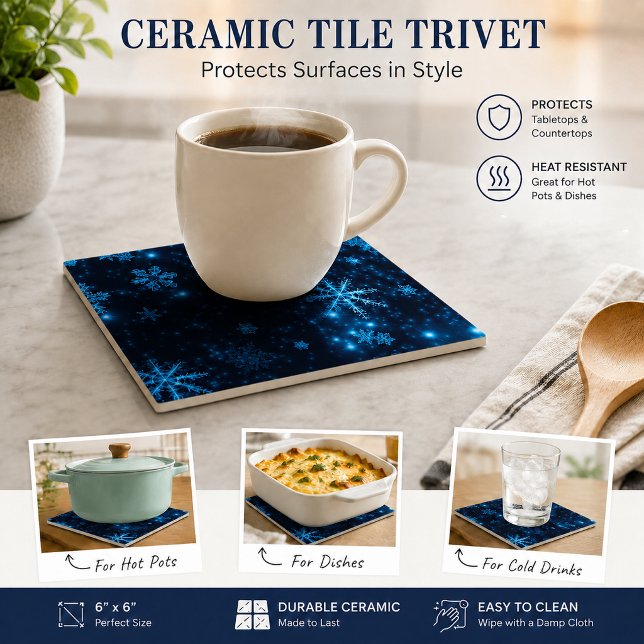 Azulejo Cerâmico Flocos de Neve Profundo Azul e Br (Deep Blue & Bright Snowflakes Ceramic Tile)