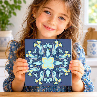 Azulejo Cerâmico Floral Art Nouveau em Azul Meia-N