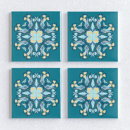 Azulejo Cerâmico Floral Art Nouveau em Verde-Pavão