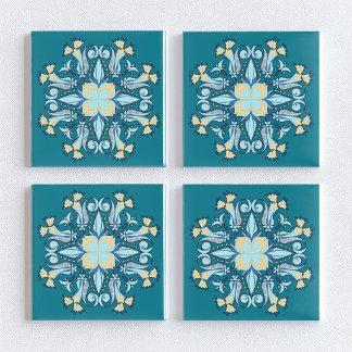 Azulejo Cerâmico Floral Art Nouveau em Verde-Pavão