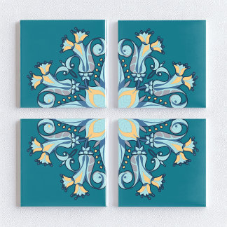 Azulejo Cerâmico Floral Art Nouveau em Verde-Pavão