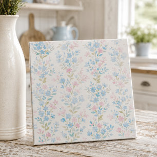 Azulejo Cerâmico Floral Azul Elegante Rosa
