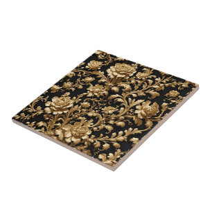 Azulejo Cerâmico Floral Barroco Preto e Dourado de
